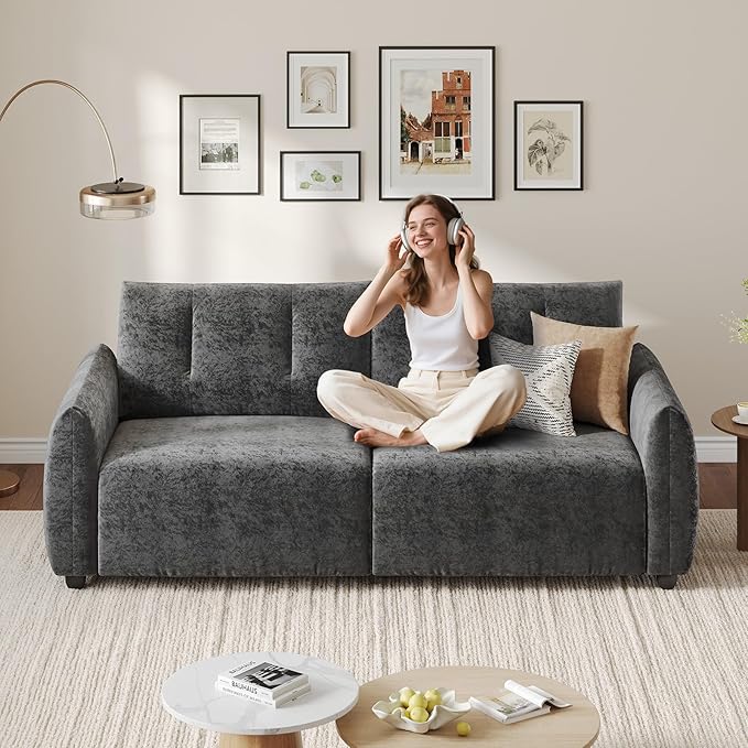 84.5 Inch Loveseat SofaModern Couch and SofaFeather-tip armrest DesignSturdy and Easy InstallationSmall Sofa for Living Room Bedroom Office and ApartmentChenille FabricGray