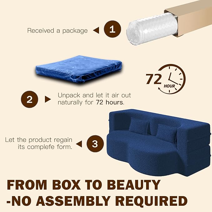 2 in 1 Convertible Compressed Sofa Bed 54'' Modern Boneless Loveseat Sleeper in a Box Floor Mattress Futon Couch No Assembly Needed Space Saving Blue 2 Pillows Full for Small Living Room