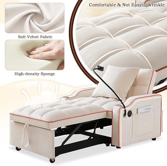 SLEERWAY 3-in-1 Convertible Futon Sofa Bed Chair Multi-Functional Sleeper Chair Bed with Pull Out Couch and Adjustable Backrest Modern Velvet Chaise Lounge Armchair for Living Room Bedroom Beige