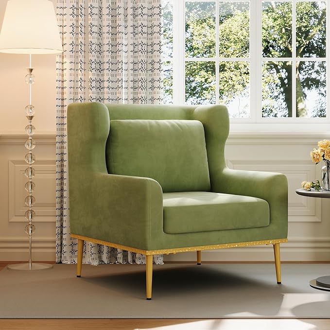 Merax Luxury Velvet Accent Chair Modern Mid-Century Armchair for Living Room Bedroom Reading Corner Comfortable Tufted Single Seater Sofa Chair with Iron Legs (Green)