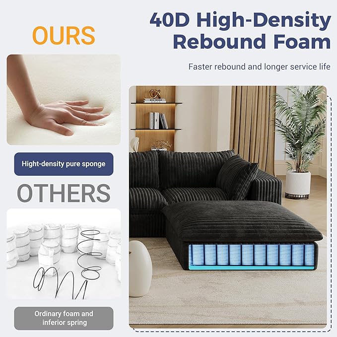 Modular Boneless Sofa with Ottoman 78.8 Loveseat Cloud Sectional Couches for Living Room Deep Seat Corduroy Upholstered Couch Furniture Set No Assembly Required(Black Loveseat+1 Ottoman)