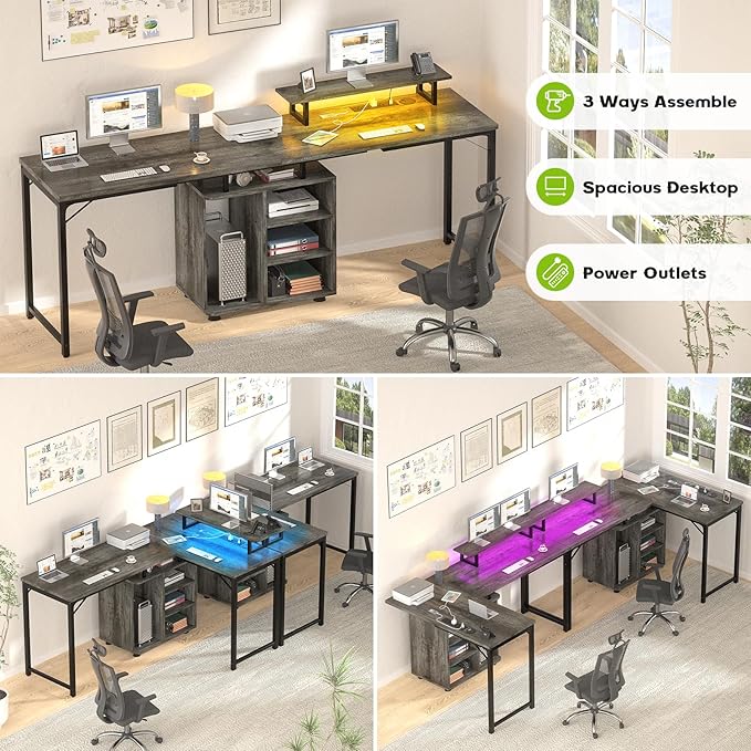 Cyclysio L Shaped Gaming Desk with Wood Cabinet 58 Large Corner Desk with LED Lights &amp Power Outlet Reversible Computer Desks with Computer Tower Stand 2 Person Desks for Home Office Grey