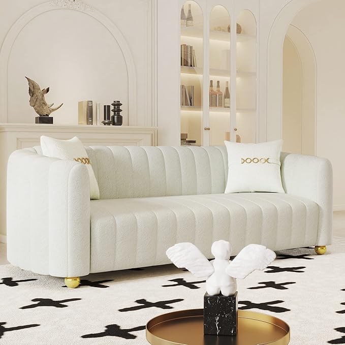 Lambswool Sofa for Living Room 84 Mid-Century Modern Beige Couch Luxury Loveseat Sofa Couch Sectional Love seat Sofa Couch with Gold Legs Upholstered Sofa for Apartment Bedroom Home Office