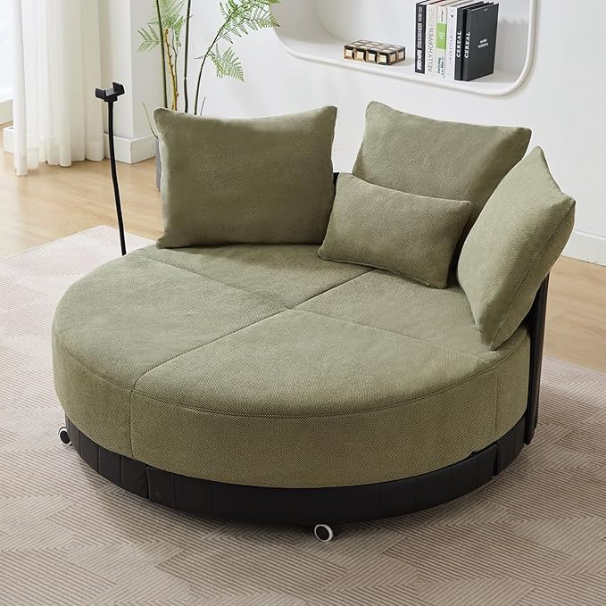 51W Oversized Swivel Accent ChairPolyester Upholstered Extra Large Swivel Barrel ChairRound Chair with WheelsRotating Phone Holderand 4 PillowsLounge Arm Chair for Living RoomBedroom(Green)