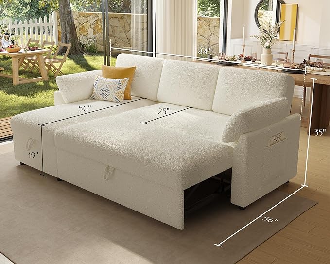 Jocisland Sofa Bed L Shaped Sleeper Sofa with Storage Chaise Pull Out Sofa for Living Room Guest Room Apartment White Boucle Couch