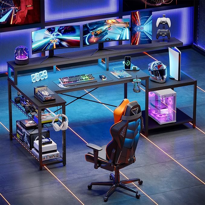 Bestier LED Gaming Desk with Power Outlets 71 inch L Shaped Computer Desk with Monitor Stand Large Desk with Printer Stand Adjustable Shelf Cup Holder &amp Hooks Home Office Desk Black