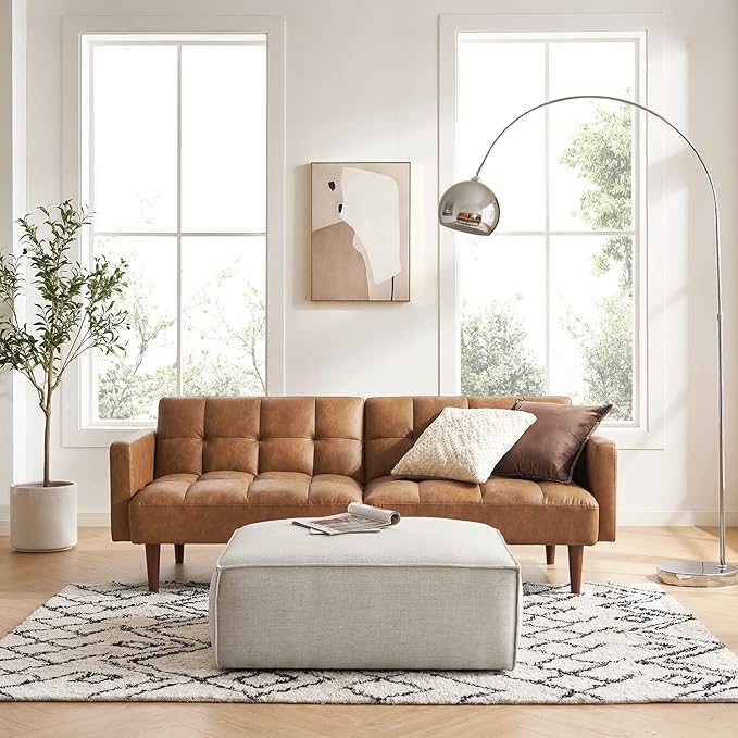 mopio 76.4 Futon Sofa Bed Couch Loveseat Sleeper Sofa Mid Century Modern Futon Couch Sofa Cama Couches for Living Room (Aaron PU Pecan Brown)