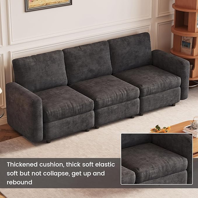 3 Seaters Modular Sectional Sofa 3 Seat Sofa Modern Sectional Couches with Deep Seats for Living Room Upholstered Couch with Soft Backrest 90.15 L Dark Grey (No Ottoman)