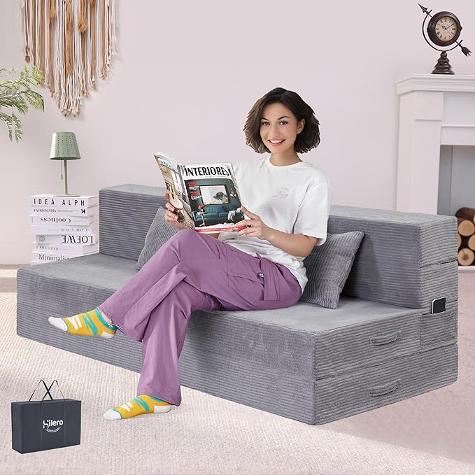 Folding Sofa Bed 4 in 1 Convertible Sleeper Chair with Pillow Queen Memory Foam Fold Out Chair Bed Modern Floor Futon Sofa Couch Mattress for Living Room/Guest/Apartment Light Gray