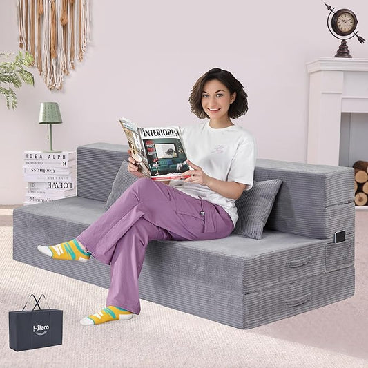 Folding Sofa Bed 4 in 1 Convertible Sleeper Chair with Pillow Queen Memory Foam Fold Out Chair Bed Modern Floor Futon Sofa Couch Mattress for Living Room/Guest/Apartment Light Gray