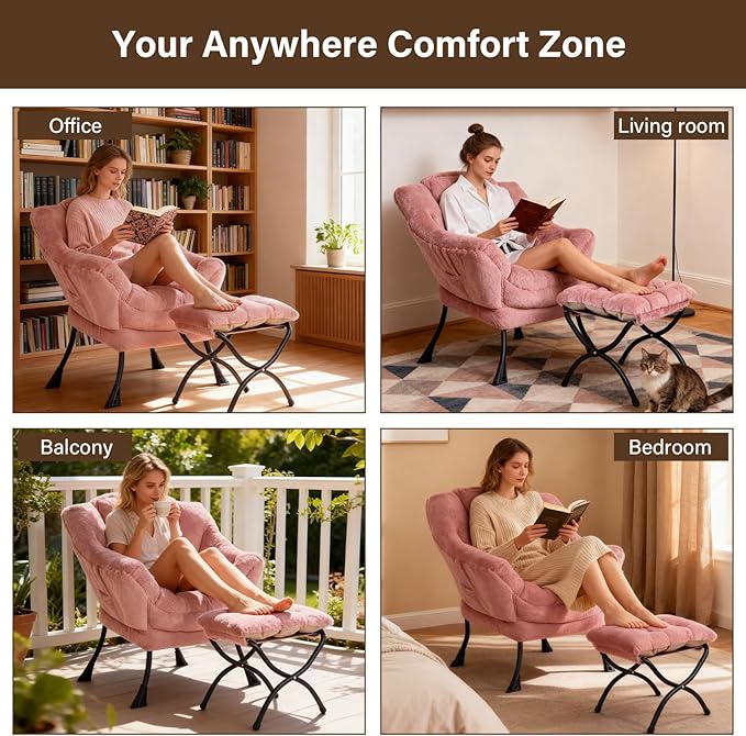 Welnow Lazy Chair with Ottoman Modern Accent Chair with Armrests and a Side Pocket Leisure Sofa Armchair Set Reading Armchair with Footrest for Small Space Plush Dark Pink