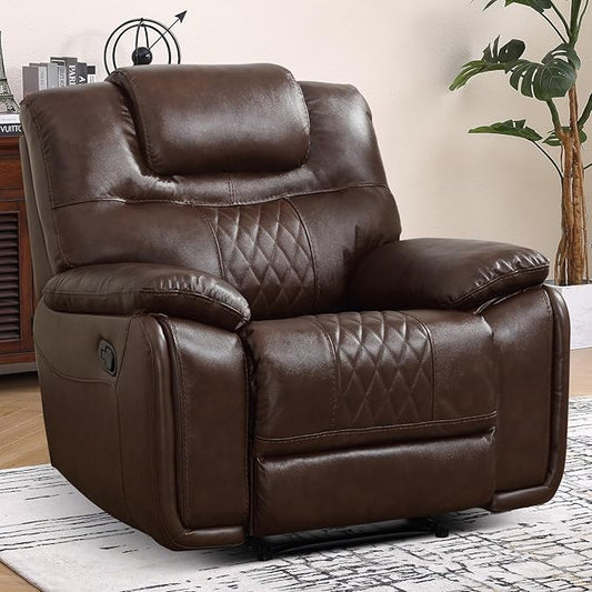 EBELLO Manual Recliner Chair Genuine Leather Reclining Sofa Chair Couch for Living Room Bedroom Furniture Meeting Room Single Couch with Comfortable Armrest and Backrest Brown