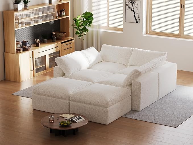 140’’ Oversized Boneless Couch for Living Room Cloud Couch Modular Sectional Free Combination with Ottoman Washable Cushion Cover No Assembly Required White (4-Seat + 2 Ottoman)