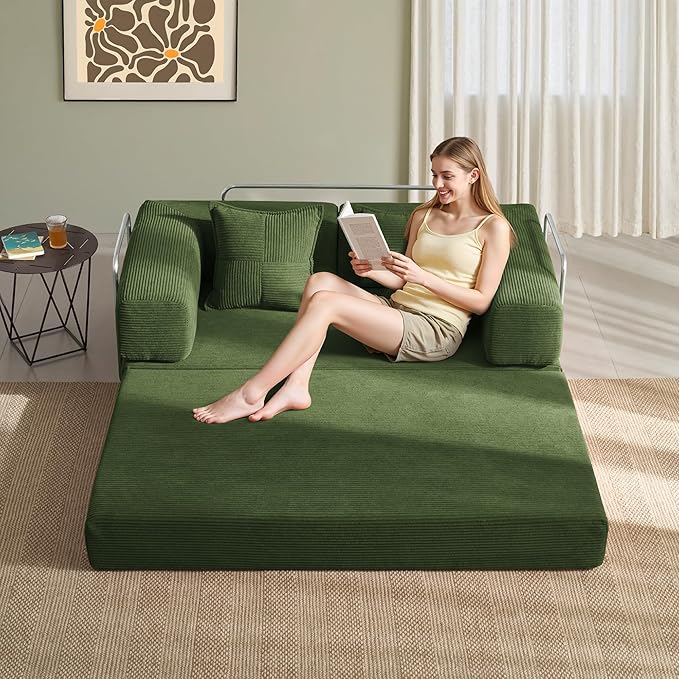 YINIX Sofa Bed 62'' Folding Floor Couch Compressed Convertable Sleeper Sofa Memory Foam Couch with Pillow Back Support Armrest 4-in-1 Futon Sofa Bed for Living Room Emerald