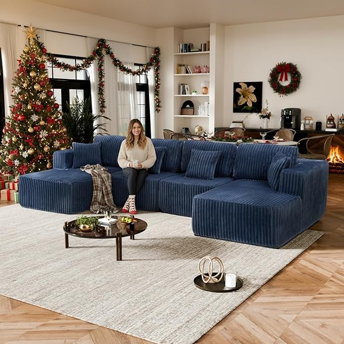 132 U Shaped Boneless Couch Cloud Sectional Modular Sofa with Double Chaise Lounge Corduroy Cloud Couch with Pillows &amp Deep Seat Boneless Sofa for Living Room Blue