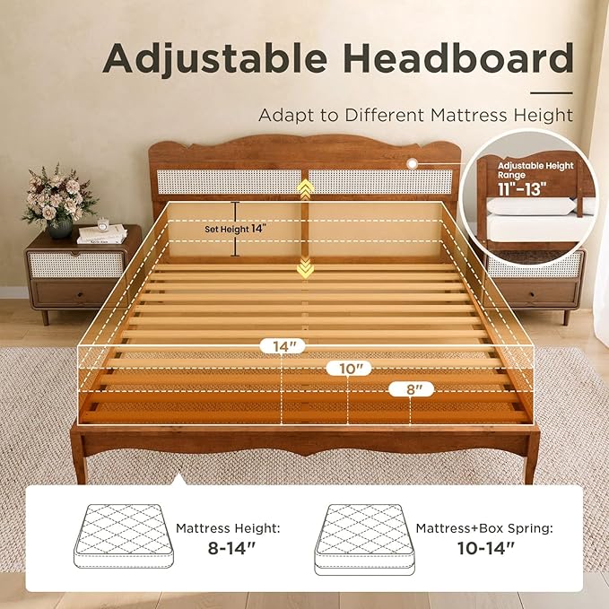 Sophia &amp William Wooden Bed Frame KingRattan King Bed Frame with Adjustable Headboard Solid Wood Slats Support No Box Spring NeededBrown