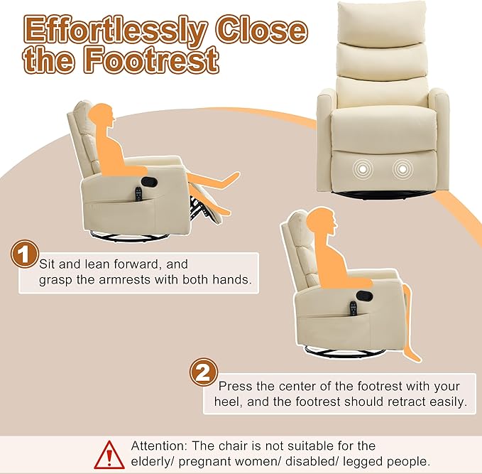 Manual Swivel Rocker Recliner Chair for Adults Overstuffed Reclining Glider Chair for Nursing with Vibration Massage &amp Heat Living Room Rocking Recliner 3-Stage backrest Faux Leather Light Yell