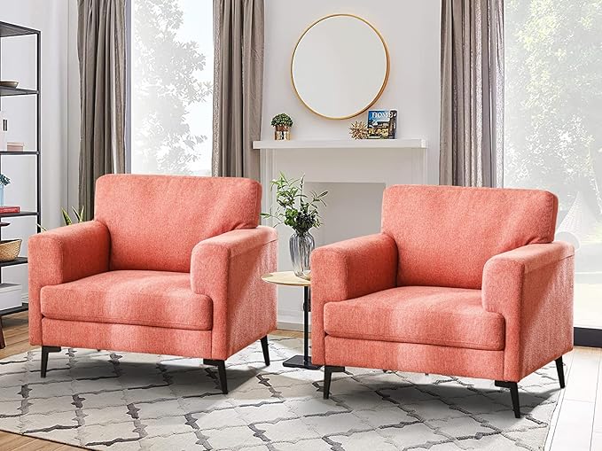 CDCASA Accent Chair Linen Fabric Oversized Mid Century Modern Chair Set of 2 Comfy Upholstered Armchair Reading Accent Chairs Sofa Chairs for Bedroom Living Room Coral Pink