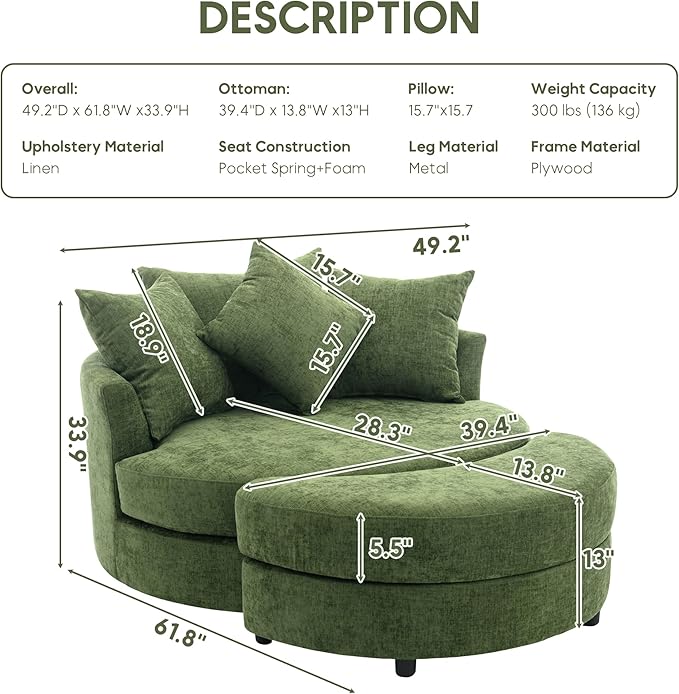 Yoglad Oversized Round Swivel Accent Chair - Modern 360 Degree Barrel Chairs with Storage Ottoman for Living Room Bedroom(Chenille - Green)