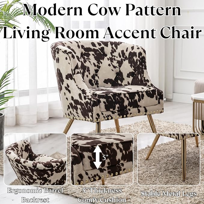 Modern Armchair Living Room Chair Small Tufted Linen Accent Chair for Bedroom with Upholstered Cushion Comfy Bedroom Chair with Golden Metal Legs Nailed Decorative (Cow)