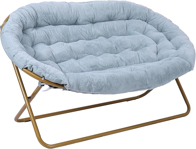 Flash Furniture Eleanor Portable Double Saucer Chair with 2 Ottomans Folding Steel Frames for Dorm or Bedroom 56 Dusty Aqua Faux Fur/Soft Gold Frame