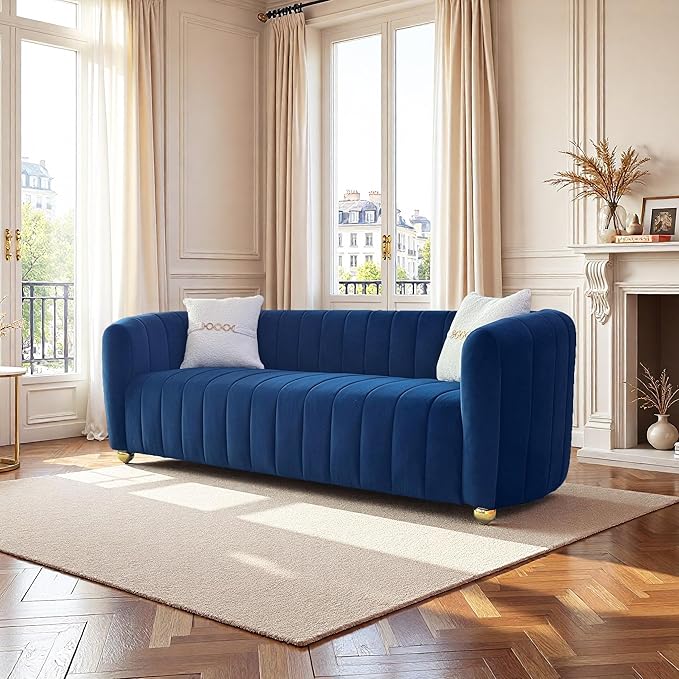 Modern Velvet Loveseat Sofa Couch for Living Room 84 Comfy Upholstered 3 Seater Sofa Couch with Gold Metal Legs &amp 2 Pillows Luxury Sectional Sofa for Bedroom Office Apartment Blue
