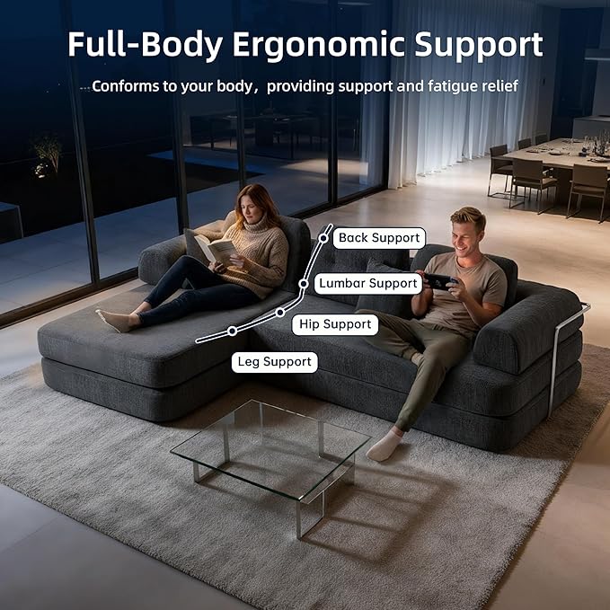 104 Modular Sectional Sofa 8-in-1 Convertible Sleeper Couch with Pet-Friendly Chenille Fabric High-Density Foam Floor Seating for Living Room Apartment (Dark Gray)