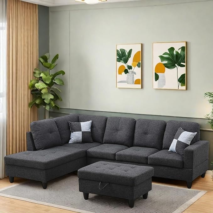 Sectional Couches for Living Room Furniture Sets 4 Seat U Shaped Sectional Couch with Storage Adjustable Couch with Armrests and Ottoman for Apartment Grey