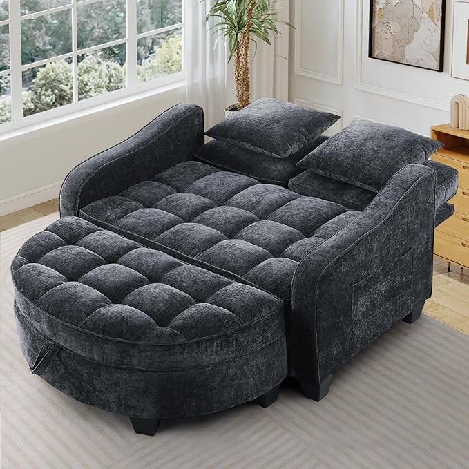 Oversized Chair and A Half Chenille Tufting Accent Cozy Reading Sofa Chair with Storage Ottoman Upholstered Loveseat Chaise Lounge Sofa with Adjustable Back for Living Room Office Sunroom Black