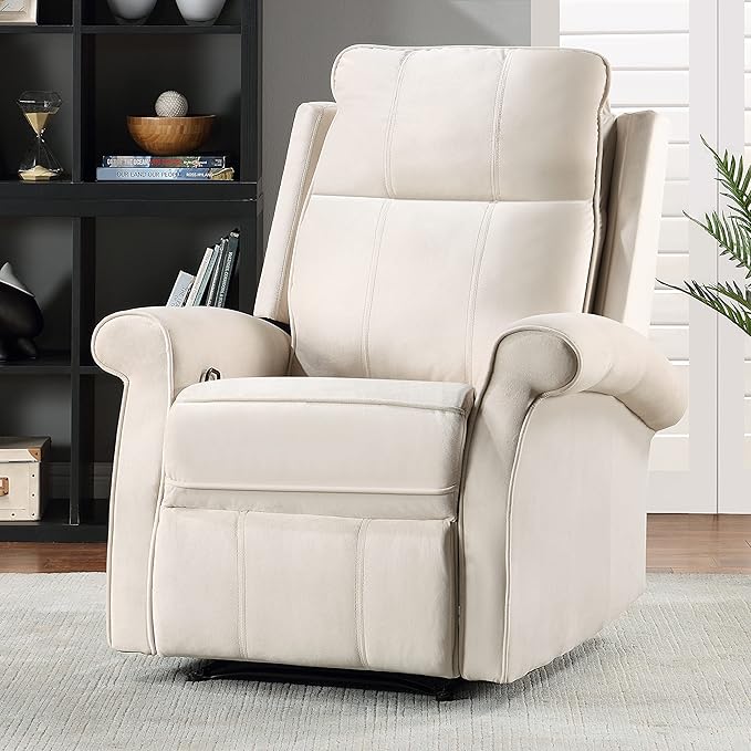 Oversize Modern Upholstered Lounge Single Sofa Manul Recliner Chair with Soft Durable Fabric and Overstuffed Armrests with Tall Neck Support for Living Room Beige
