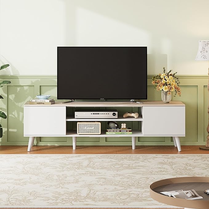 WLIVE Mid-Century Modern TV Stand for 65 70 Inch TV Entertainment Center with Storage Adjustable Shelves &amp Soft-Close Media TV Console for Living Room/Bedroom Greige White