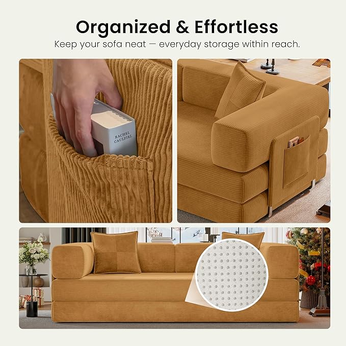 Convertible Floor Sofa Couch | 98.4’’ Folding Futon Sofa with Storage Pocket Oversized Corduroy Loveseat Sleeper Sofa with Pull Out Bed Modular Sectional Sofa for Apartment | Yellow