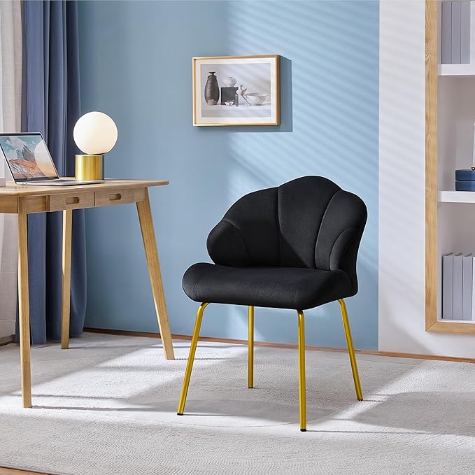 Yaheetech Vanity Chair Velvet Accent Chair with Shell-Shaped Backrest Modern Armchair with Gold Metal Legs for Dressing Room/Bedroom/Living Room Black