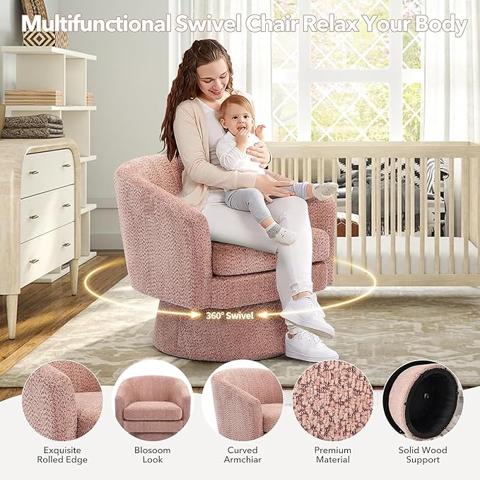 Modern 360° Swivel Accent Chair - Chenille Lounge Reading Sofa with Storage Space Single Club Armchair for Living Room Bedroom Office(Pink)