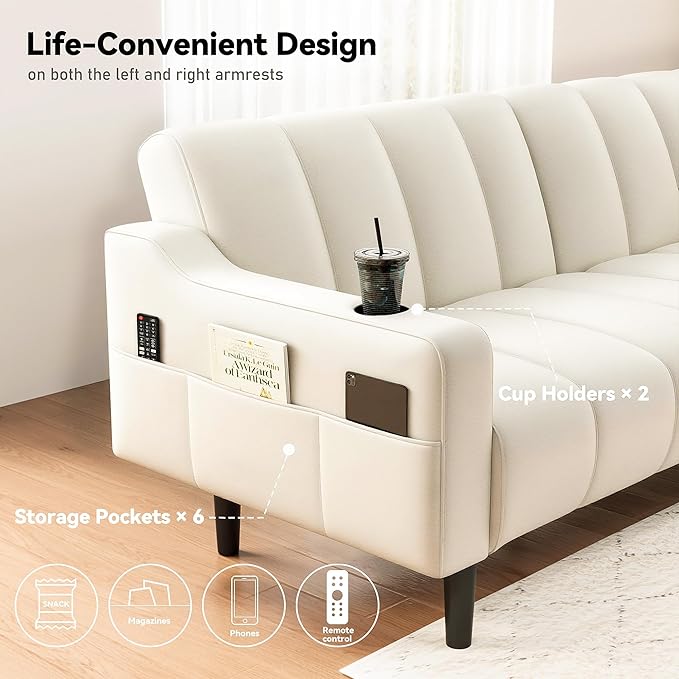 Brelice 80'' Leather Couch Futon Sofa Bed Faux Leather Couch with Adjustable Backrest 2 Cup Holders &amp Side Pockets Mid Century Modern Sofa for Living Room Bedroom Cream White