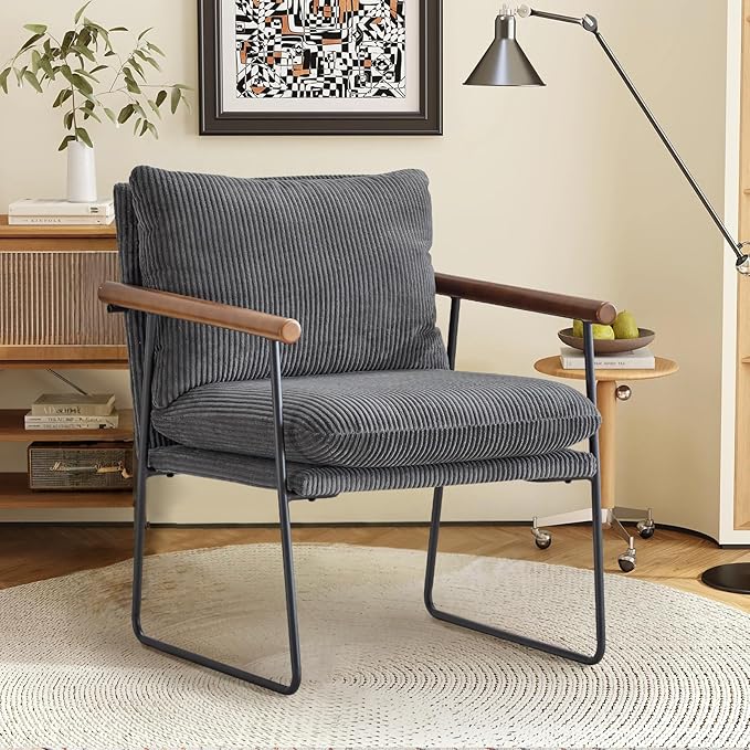 Furnilivng Small Sling Accent Chair Comfortable Boucle Fabric Arm Chair Upholstered Cozy Reading Chair for Living Room Bedroom Dressing Room Home Office Grey