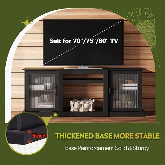 WLIVE Farmhouse TV Stand for 75 inch TV Entertainment Center with Storage Cabinets Mid Century Modern TV Console for Living Room Bedroom Black