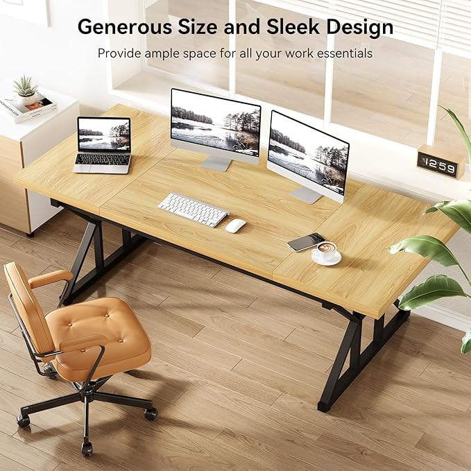 LITTLE TREE 70.8-Inch Large Executive Desk Modern Computer Office Desk Wooden Writing Desk Study Table for Home Office Light Walnut-Black