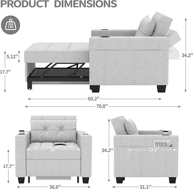 DURASPACE 36.6 Futon Chair Bed Convertible Chair 3-in-1 Pull Out Sleeper Reading Chair Beds with USB Armchair Sleeper Bed for Living Room Dorm Small Space (Light Gray Linen)