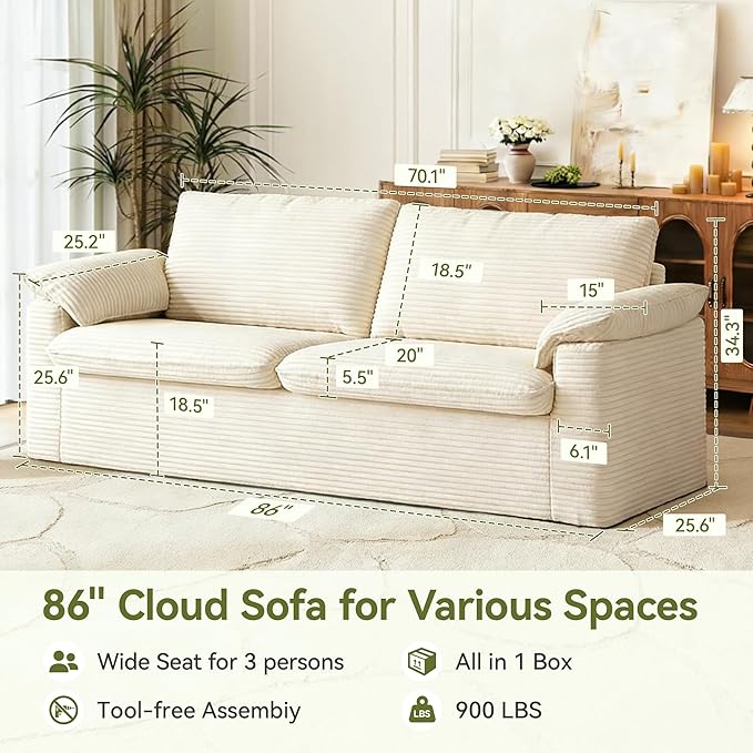 86 Loveseat Sofa Beige Corduroy CouchModern Cloud Sofa Love Seat Deep Seat Slipcovered Sofa with 2 Wide Armrest Pillows for Small Spaces Apartment Studio Office Bedroom Living Room