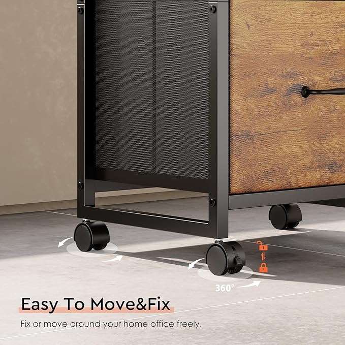3 Drawer File Cabinet with Wheels Rolling Printer Stand with Open Storage Shelf Fabric Lateral Filing Cabinet for Home OfficeRustic Brown2