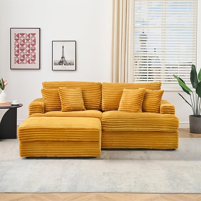 82 Inches Corduroy Square Arms Loveseat Sofa with One Storage Ottoman Comfy Deep Seat Modular Sectional Futon Couch with 4 Throw Pillows for Living Room Bedroom Office (Orange)