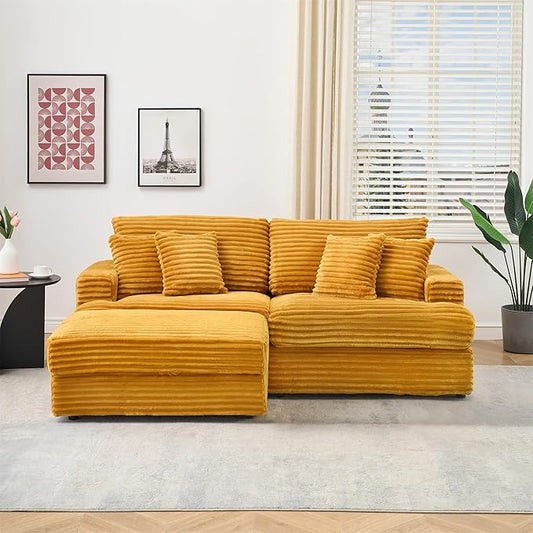 82 Inches Corduroy Square Arms Loveseat Sofa with One Storage Ottoman Comfy Deep Seat Modular Sectional Futon Couch with 4 Throw Pillows for Living Room Bedroom Office (Orange)