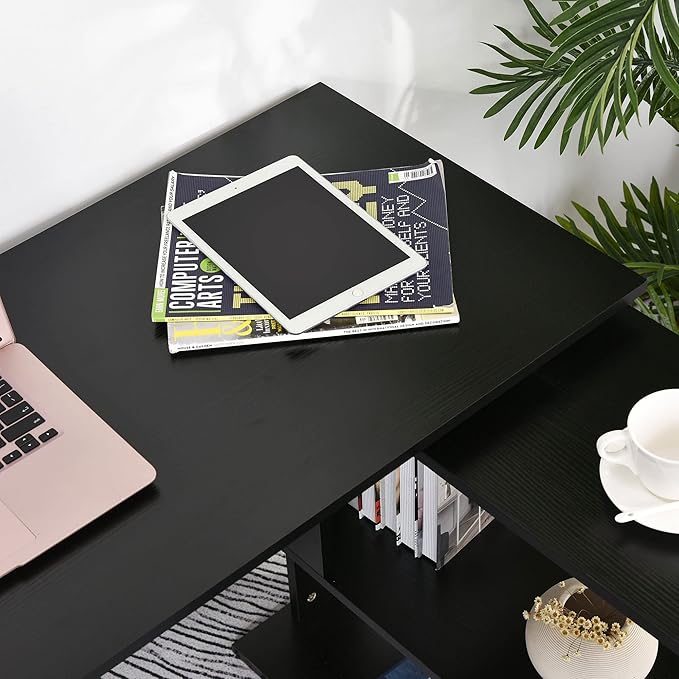 L Shaped Corner Desk 360 Degree Rotating Home Office Desk with Storage Shelves Writing Table Workstation Black