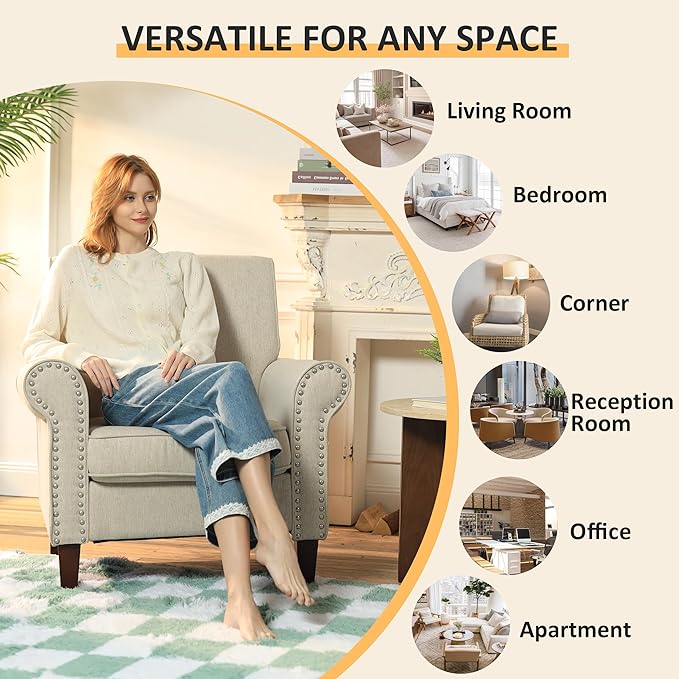 PrimeZone Comfy Accent Chair Set of 2 Mid-Century Modern Fabric Living Room Chair Reading Chair with Soft Cushion Nailhead Trim &amp Rolled Armrest Arm Chair Sofa Chair for Bedroom Waiting RoomBe