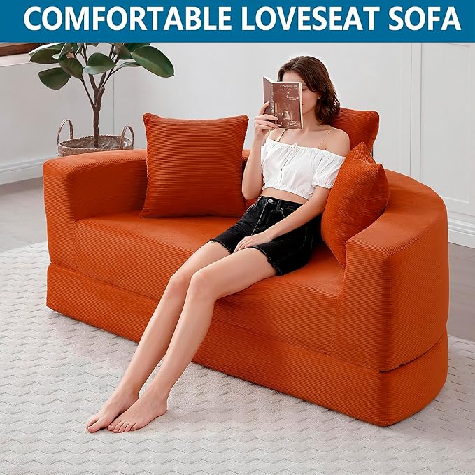 67 Round Convertible Folding Sofa Bed Boneless Couch Loveseat Floor Sleeper Chaise Lounge for Living Room Apartment Dorm Small Spaces Orange
