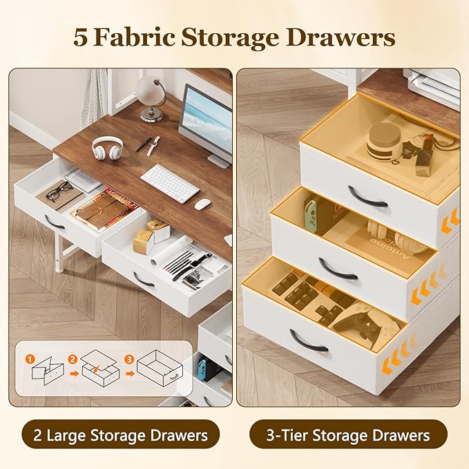 Reversible Computer Desk with Hutch Home Office Desk with 5 Drawers and Bookshelf 52'' Study Writing Desk with Storage Shelves for Bedroom Home Office Brown and White