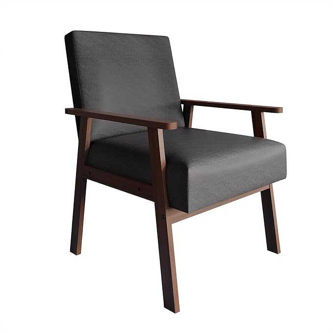 Mid-Century Modern Accent Chair Polyurethane Upholstery Wooden Armrests Cushioned Seat Easy Assembly Grey