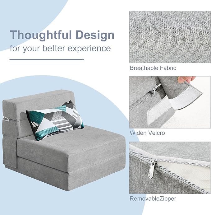 ANONER Folding Sofa Bed Couch Memory Foam Fold Out Chair Bed with Pillow Single Size Convertible Sofa Bed Futon Sleeper Chair Light Gray