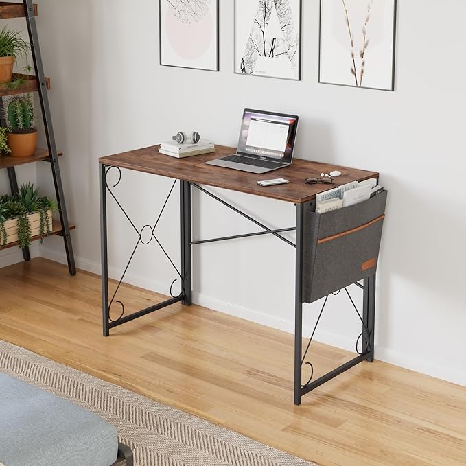 VECELO 39 Inch Folding Desk Simple Assembly Writing Computer Desk for Home Office Study Office Foldable Table for Small SpacesClassic Brown2 Set